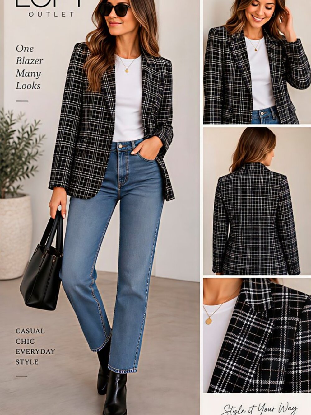 Title: NWT LOFT Outlet Plaid Blazer Size 12 Black White Career Jacket